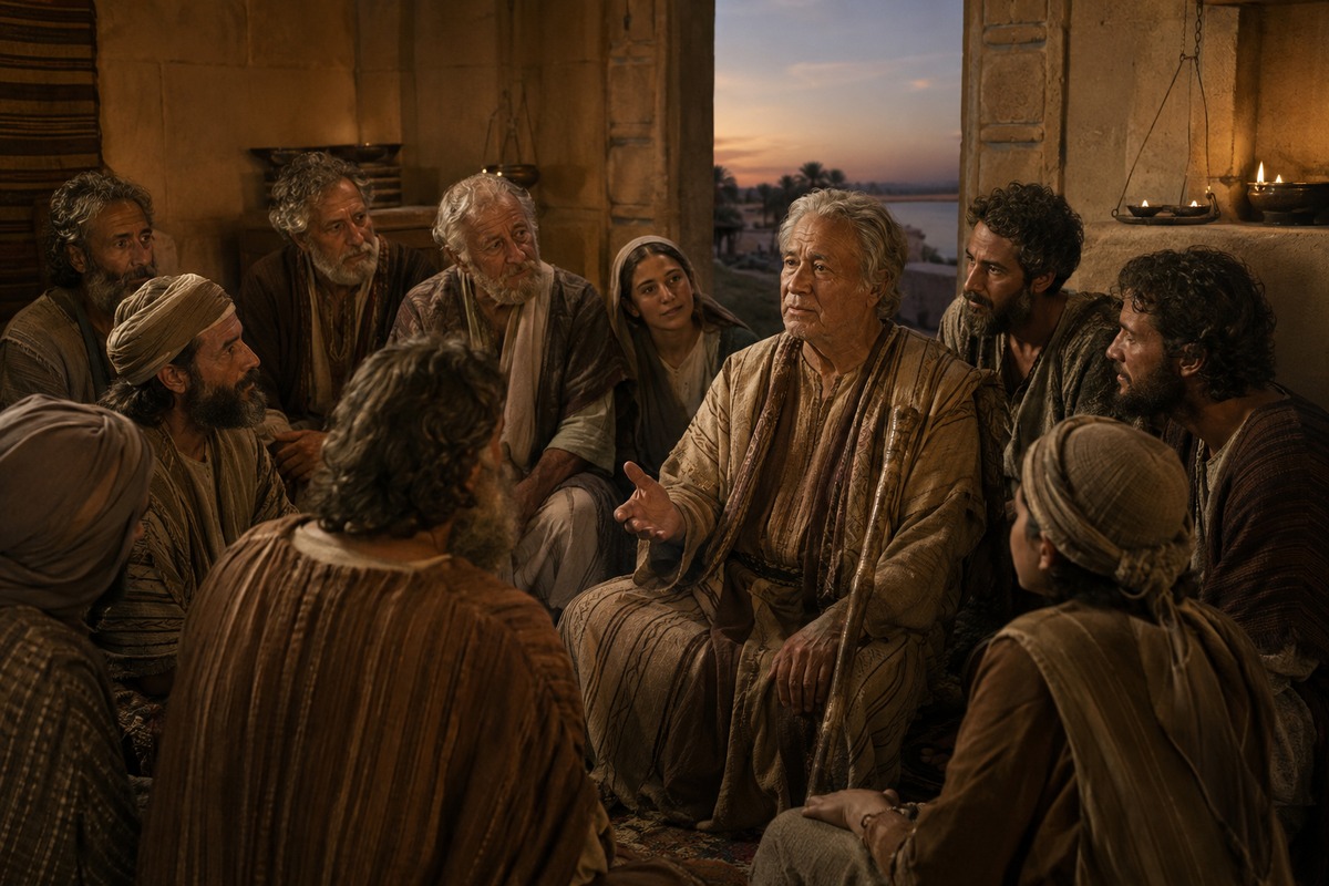 An elderly Joseph speaks final words of faith to his family about God's promise beyond Egypt.