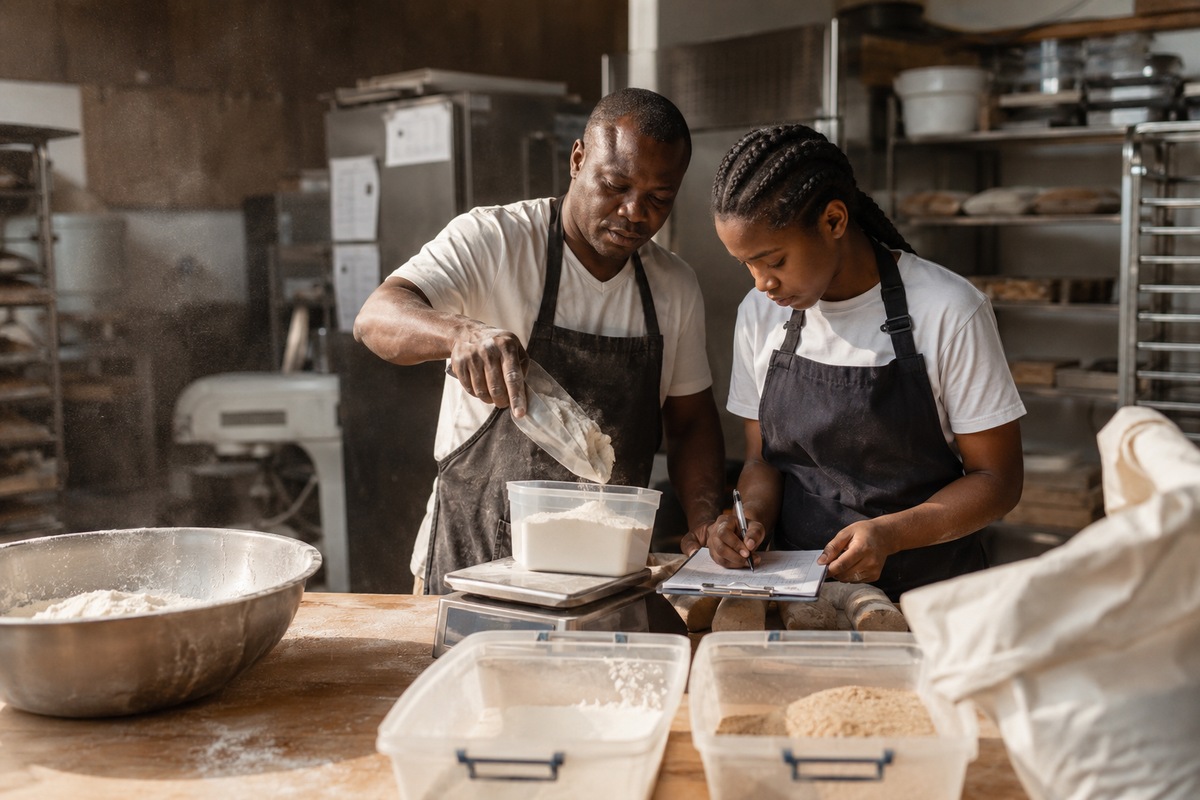 bakery supervisor and apprentice weighing remaining flour and recording stock after production