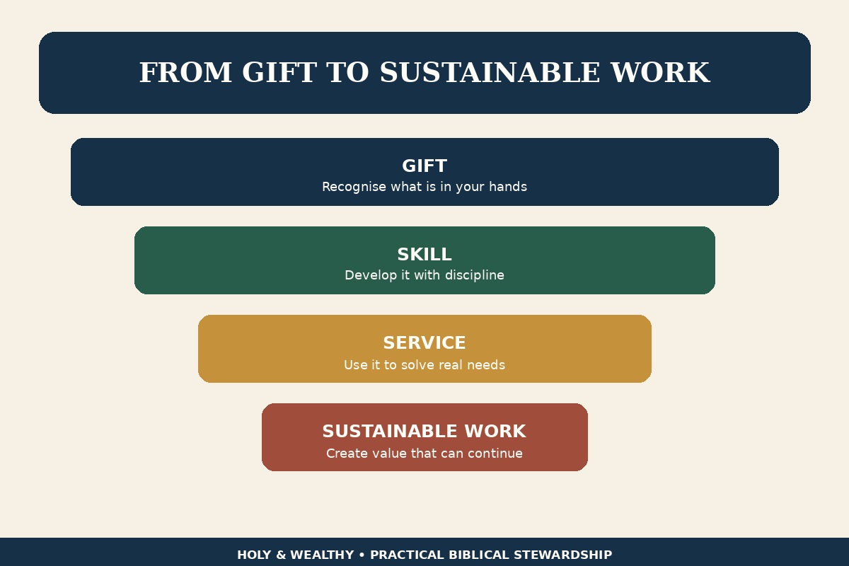 Blog infographic connecting a recognised gift to developed skill, useful service and sustainable work