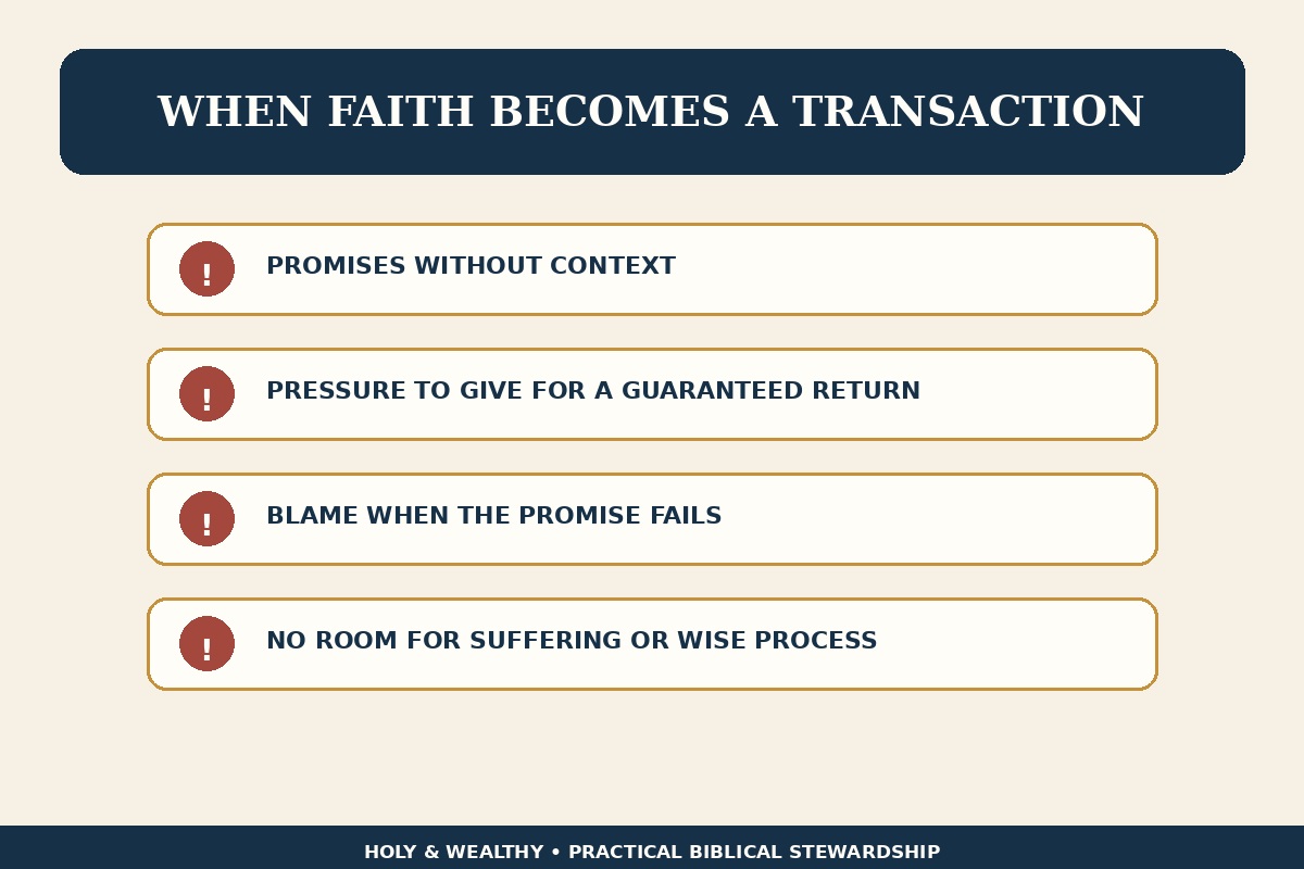 Blog infographic identifying when giving, faith and belonging are turned into financial transactions