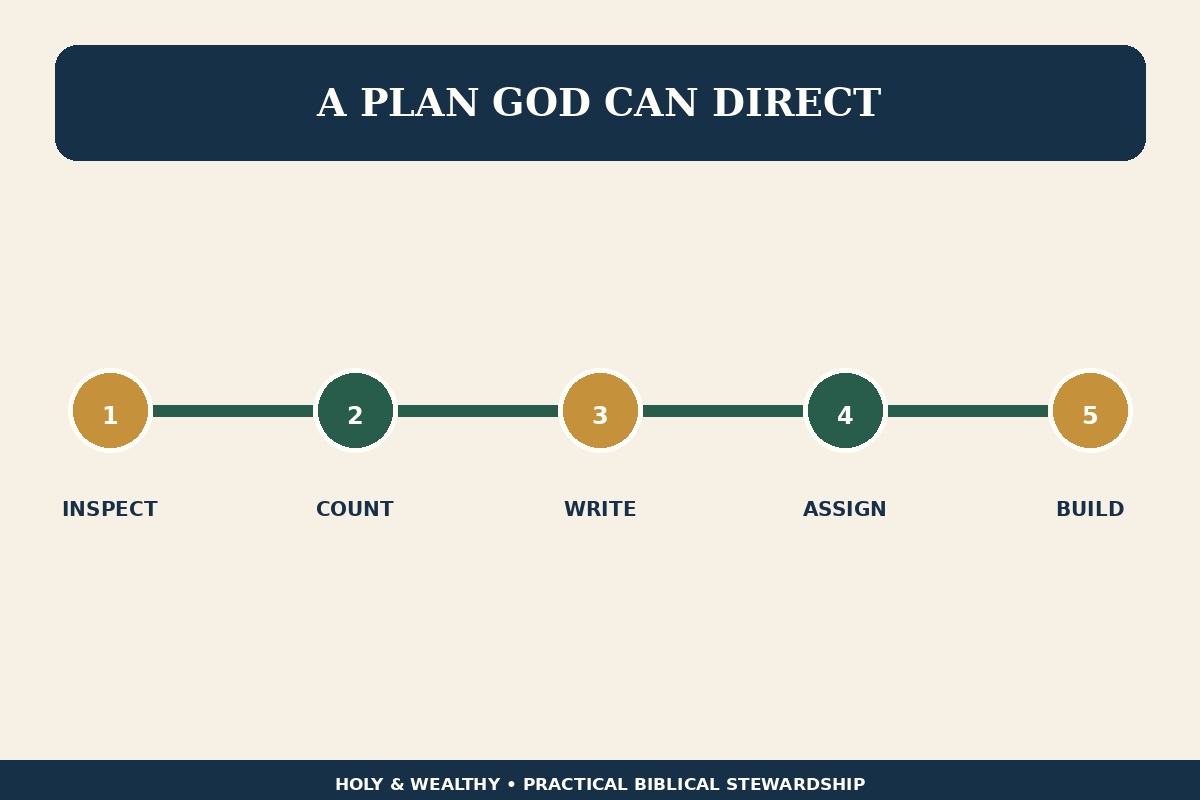 Blog infographic presenting a planning sequence of inspect, count, write, assign and build