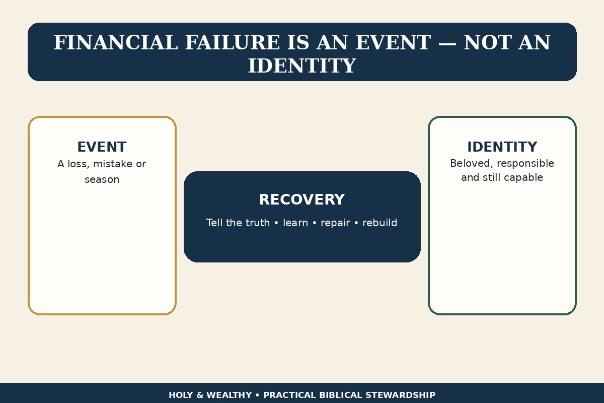 Blog infographic separating a financial failure event from personal identity and showing a truthful recovery path