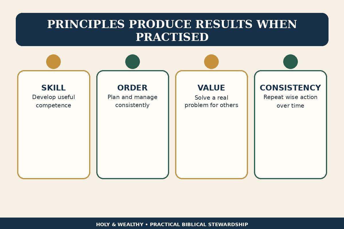 Blog infographic showing how skill, order, value and consistency produce practical results