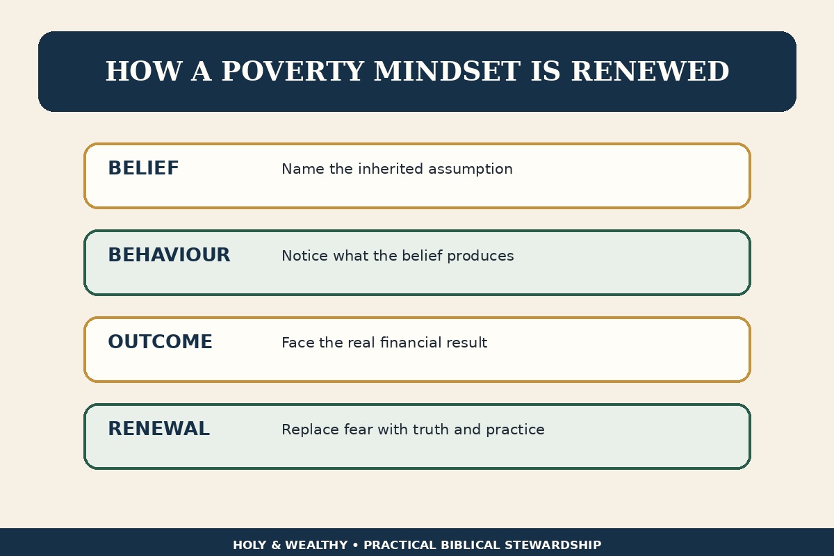Blog infographic tracing a limiting belief through behaviour and outcome to biblical renewal
