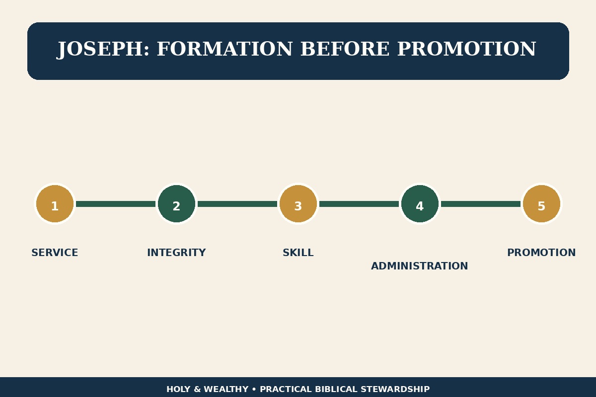Blog timeline infographic showing Joseph growing through service, integrity, skill and administration before promotion