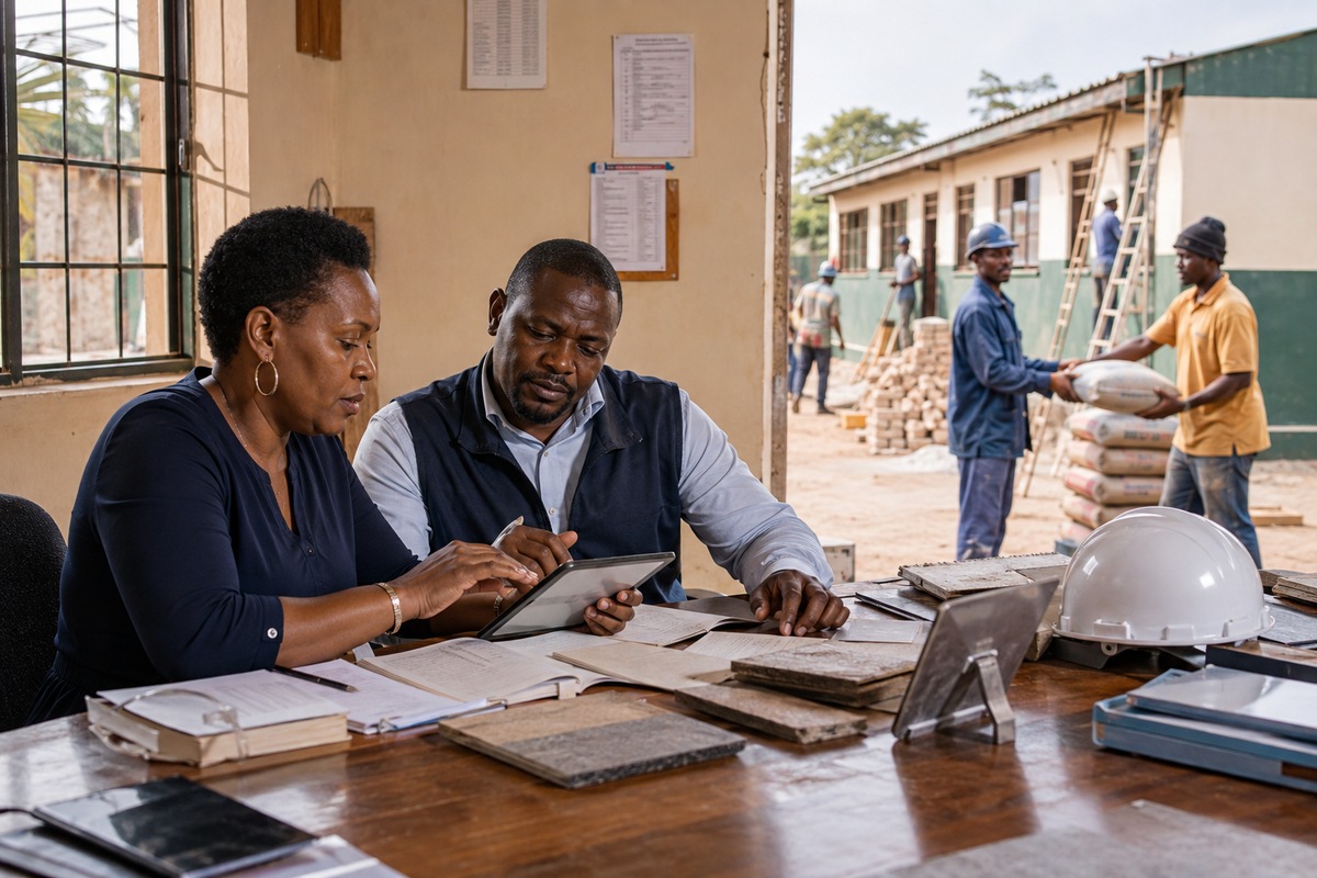 business owner and site manager approving materials for a school repair project