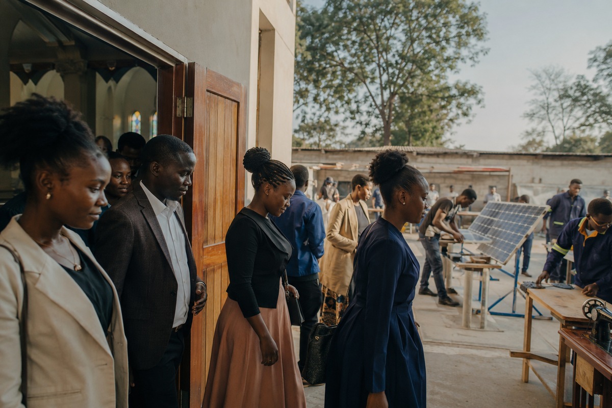 church members entering a courtyard where people are learning solar and technical skills