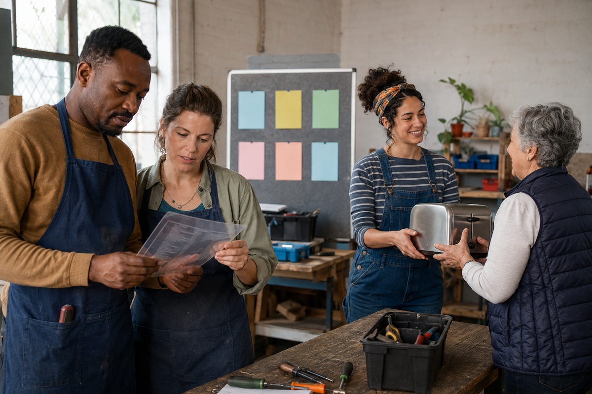 Fictional adults review a transparent repair invoice and return a repaired appliance to an older neighbour.