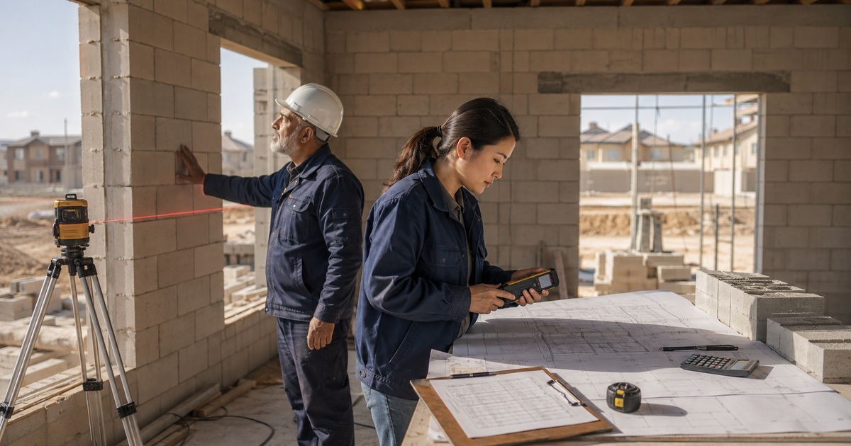  East Asian contractor comparing measurements and a costed plan inside an unfinished community centre