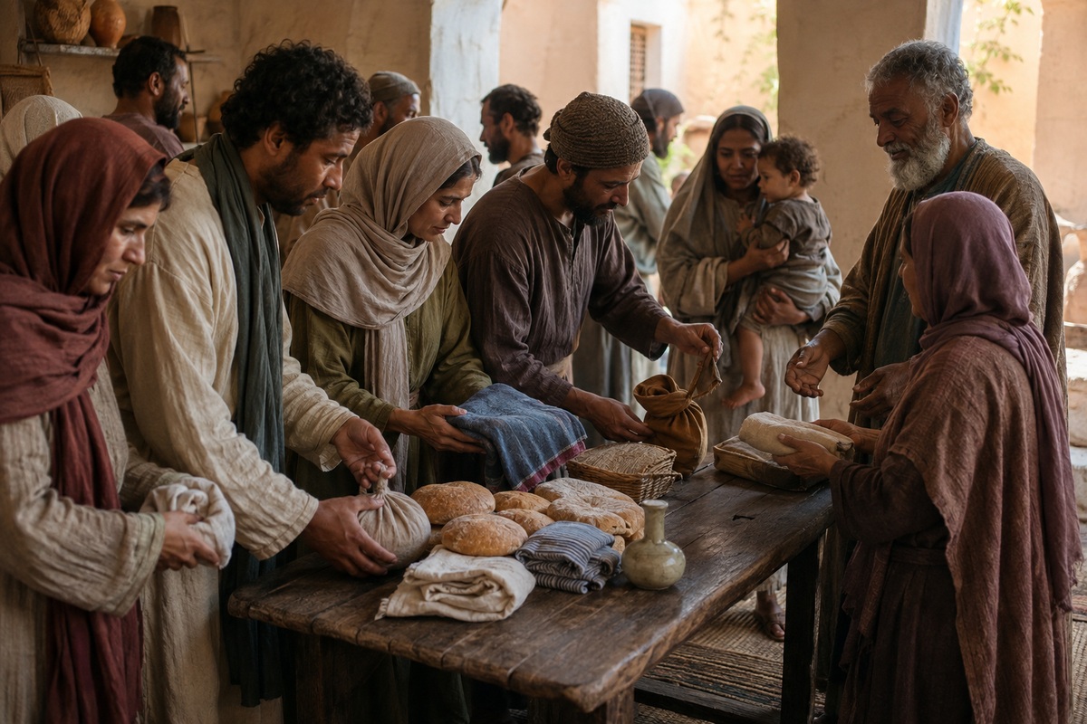 Fictional first-century believers organising voluntary practical gifts for people in need.