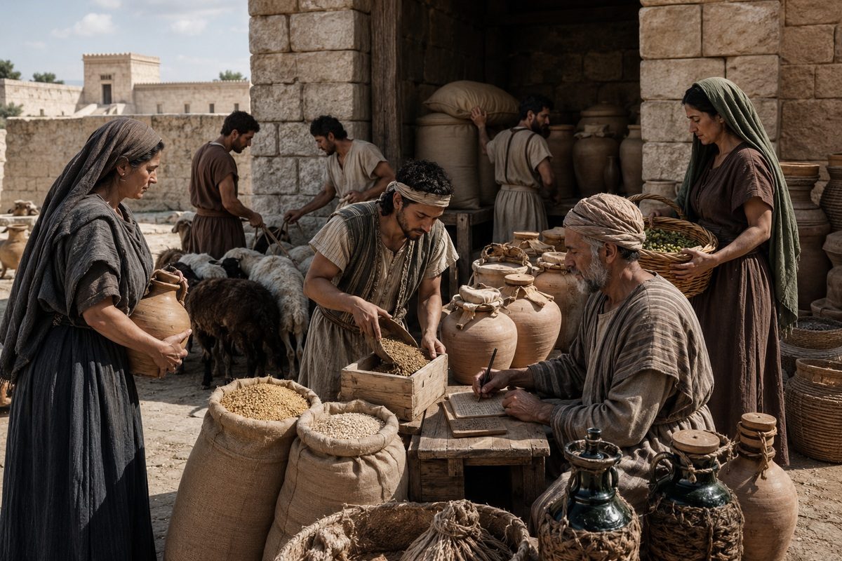 Fictional Levites measuring and recording grain, oil and produce in an ancient Israelite storehouse.
