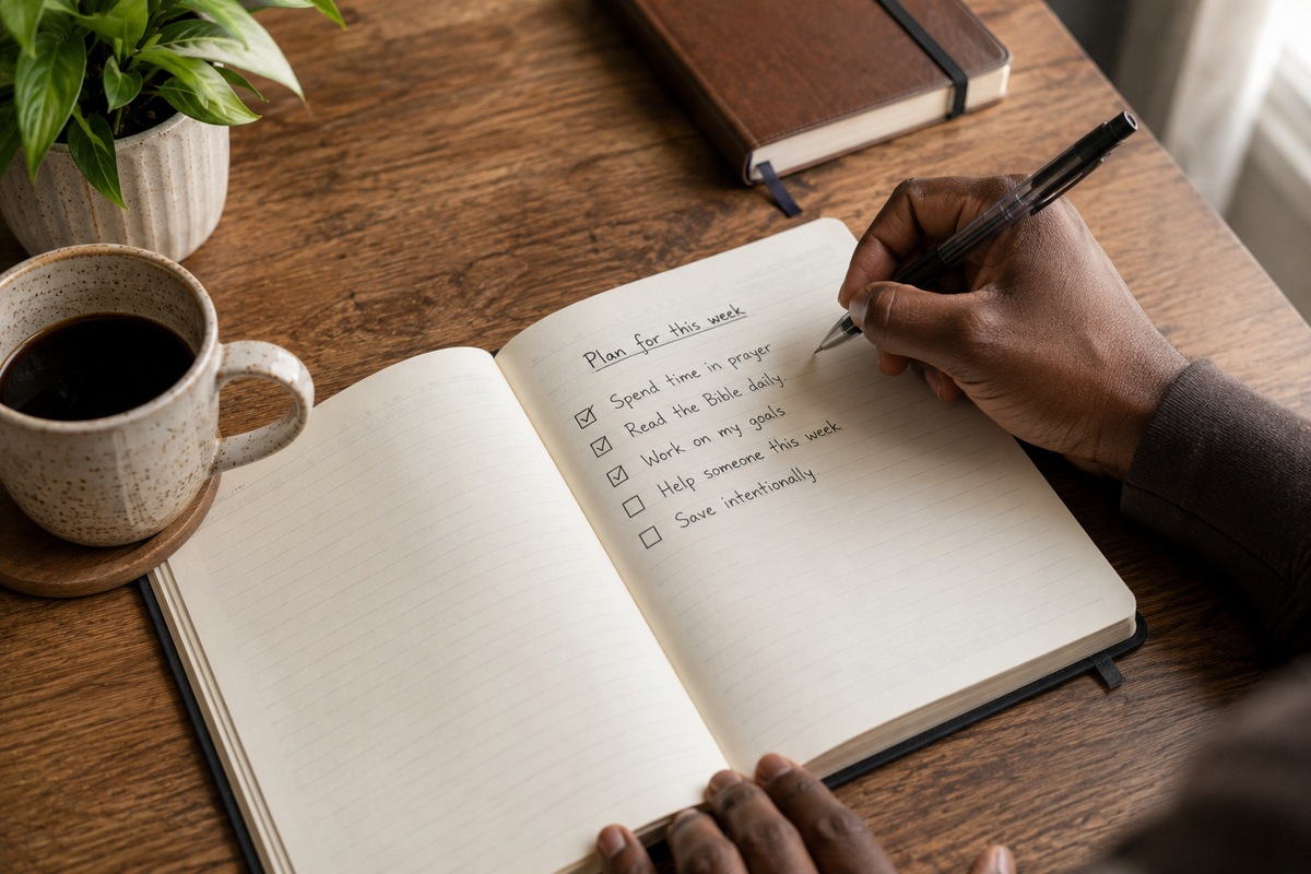 Hand writing a practical weekly plan in a notebook beside coffee and a closed Bible