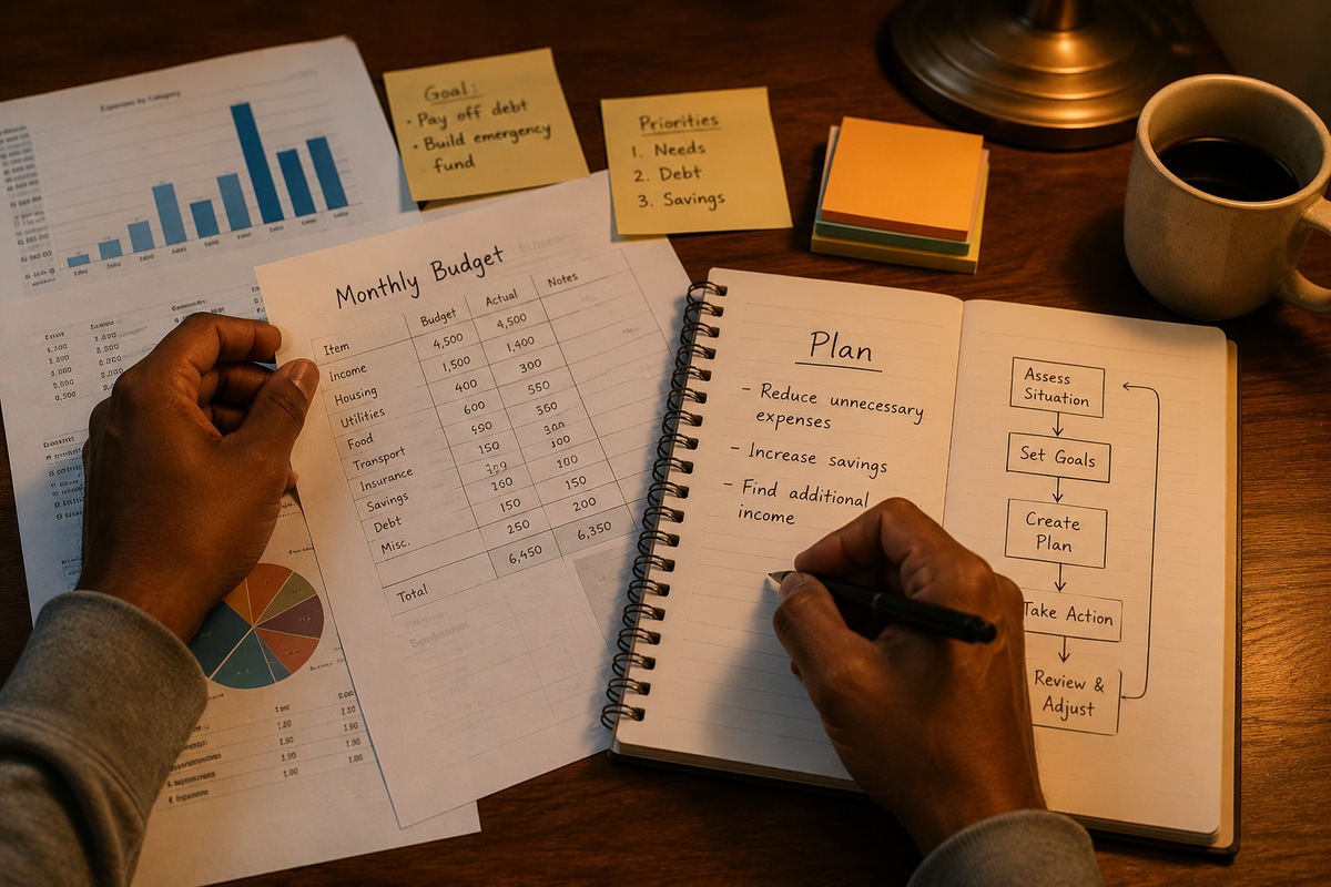 Hands turning financial goals and a monthly budget into a written action plan