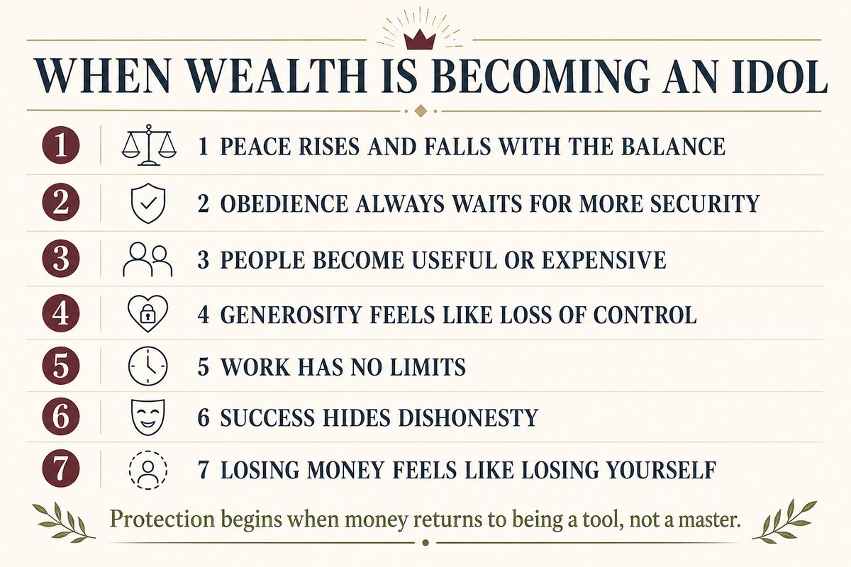 Infographic listing seven warning signs that wealth is becoming an idol.