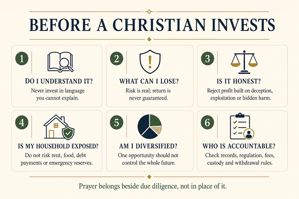 Infographic presenting six questions to ask before a Christian invests.