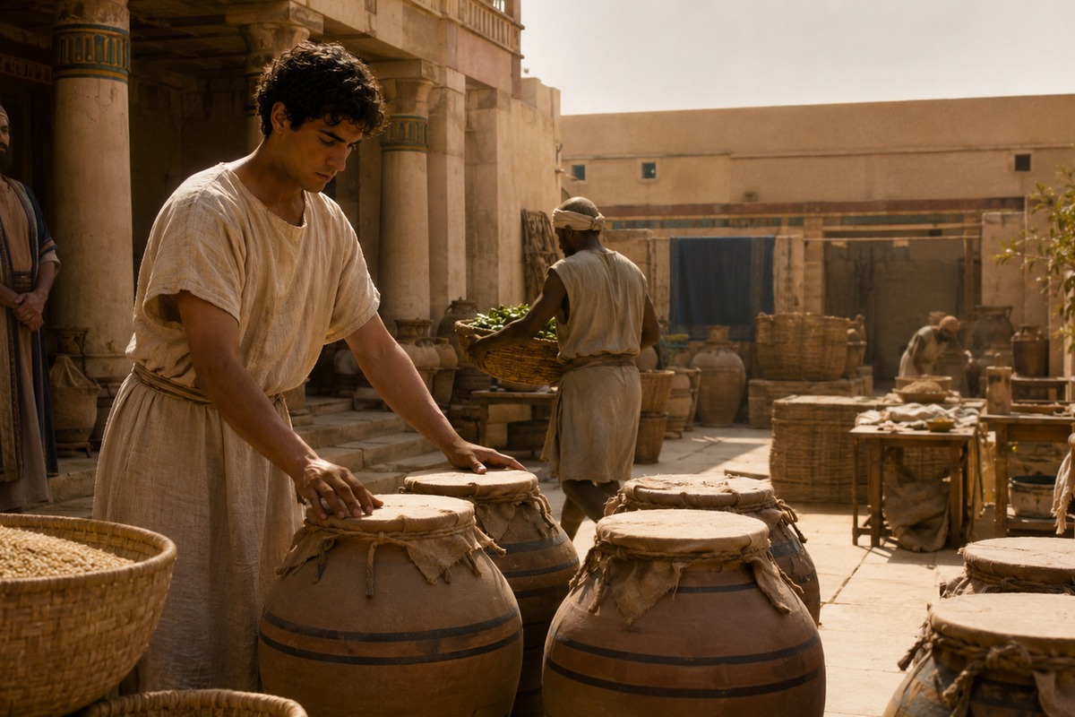Joseph carefully checks grain jars entrusted to his management.