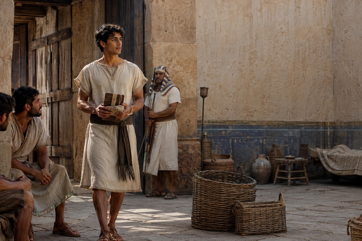 Joseph carries out ordinary duties in an Egyptian courtyard.