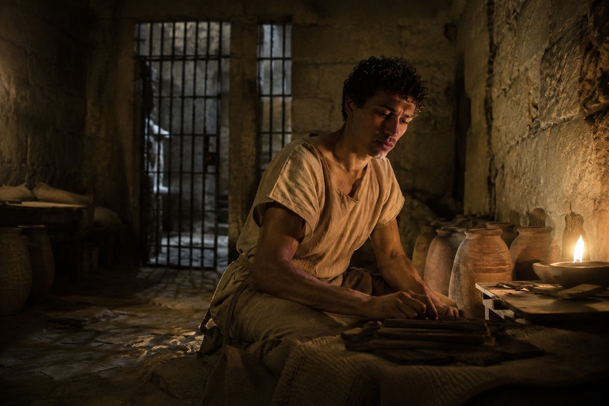 Joseph continues his prison duties by lamplight after the cupbearer forgets him.