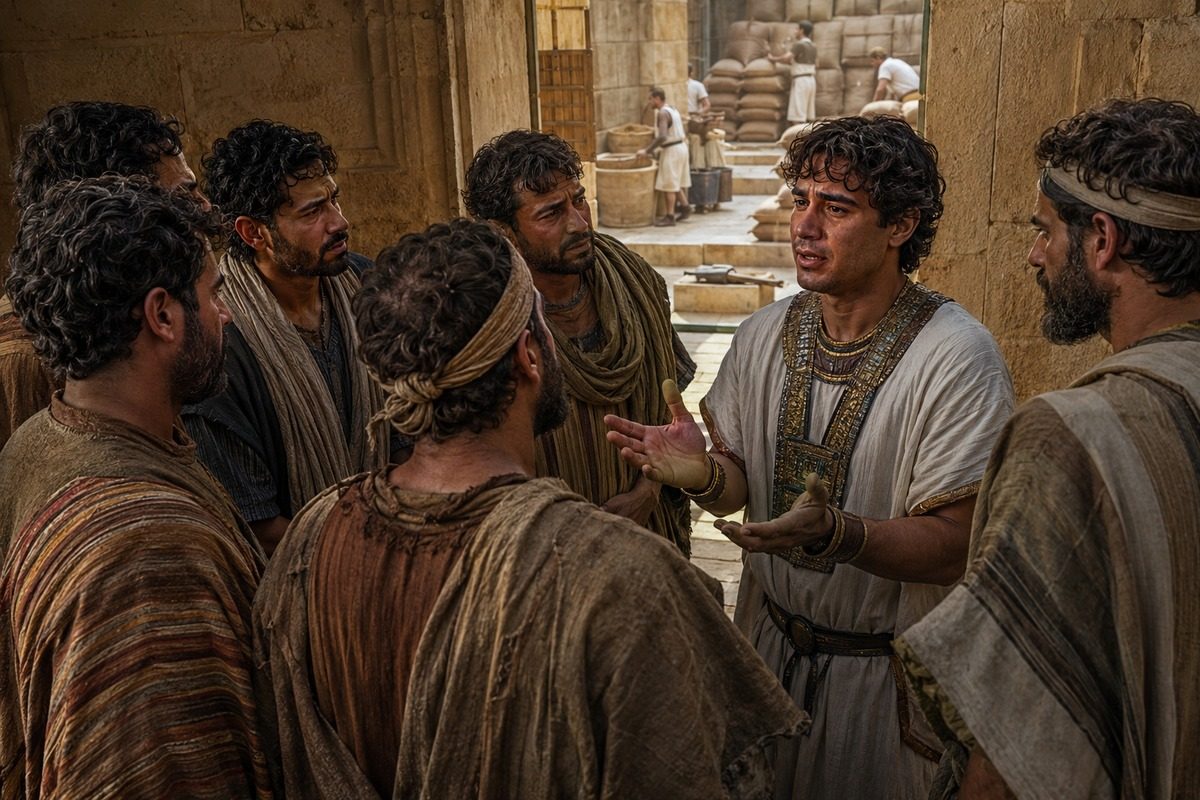 Joseph draws his brothers near and speaks mercy without denying the truth.