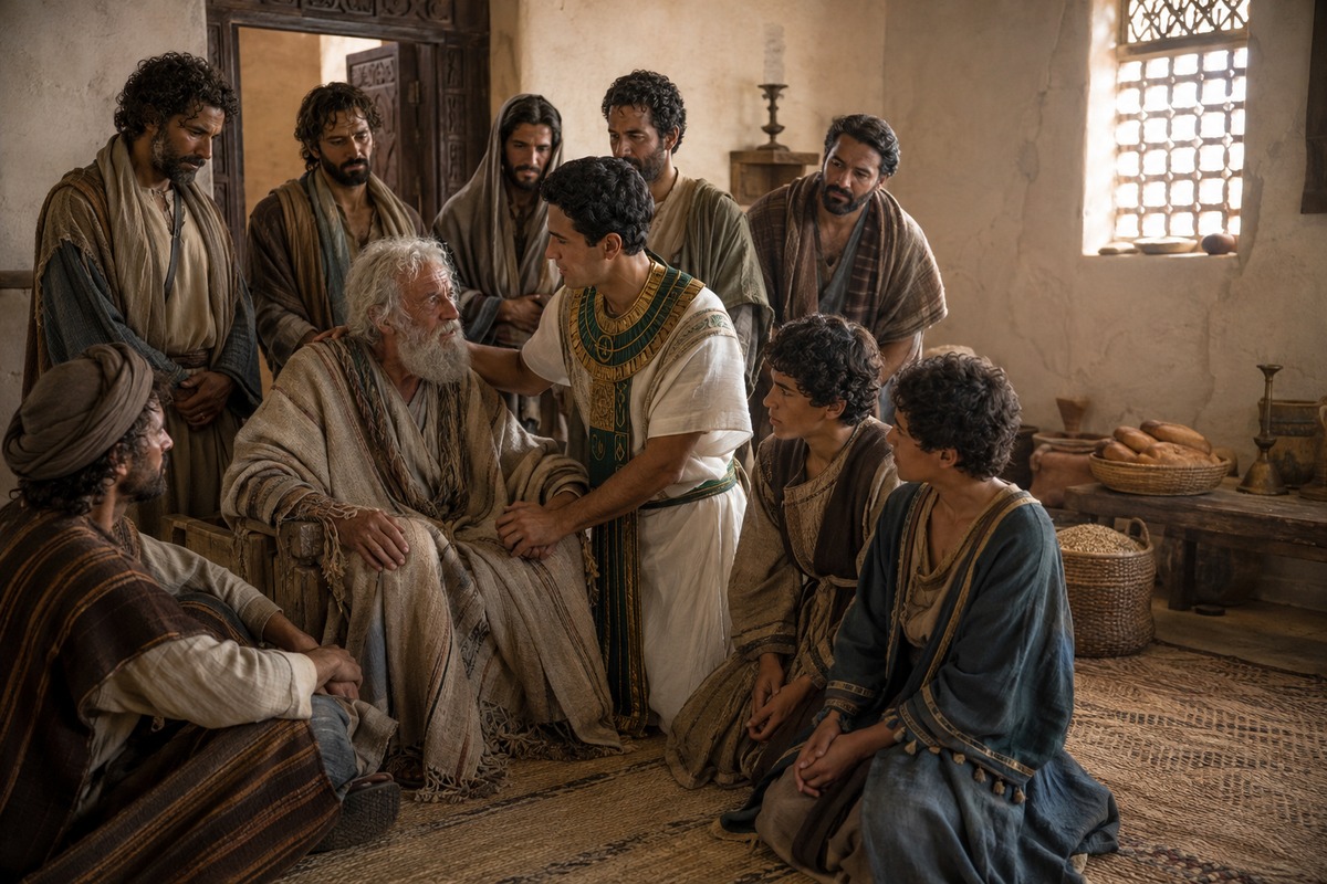 Joseph embraces his elderly father Jacob after their long separation.