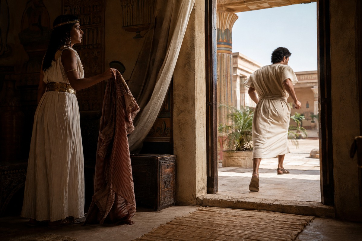 Joseph flees into daylight rather than remain in a compromising situation.