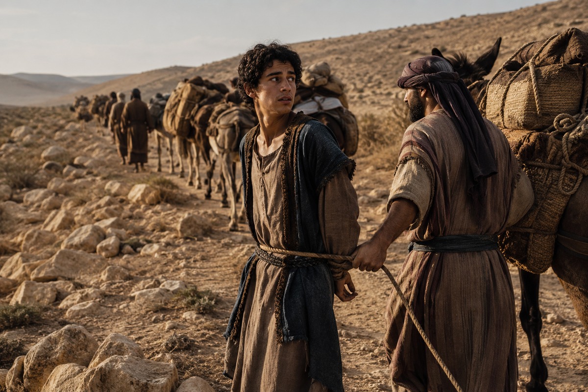 Joseph is taken towards Egypt with a desert caravan after being sold by his brothers.