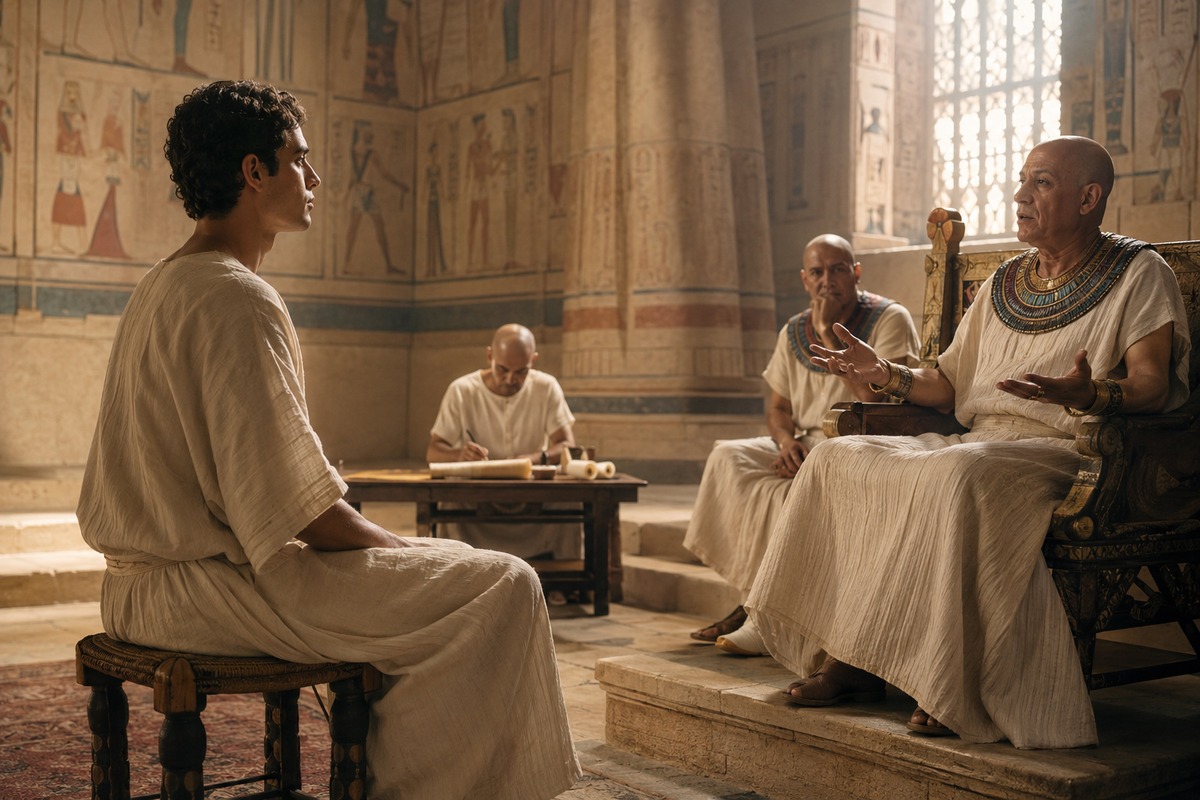 Joseph listens carefully while Pharaoh describes the troubling dreams.