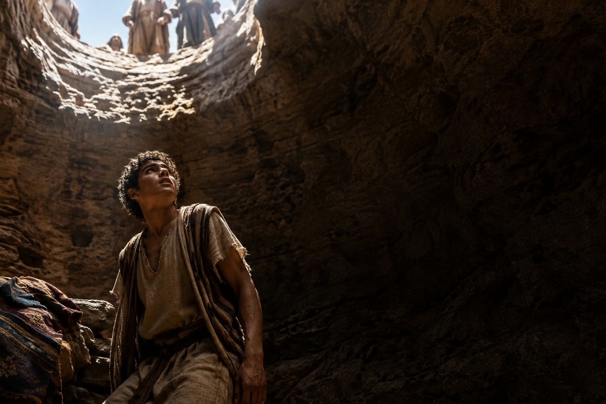Joseph looks towards a narrow shaft of light from the bottom of the cistern.