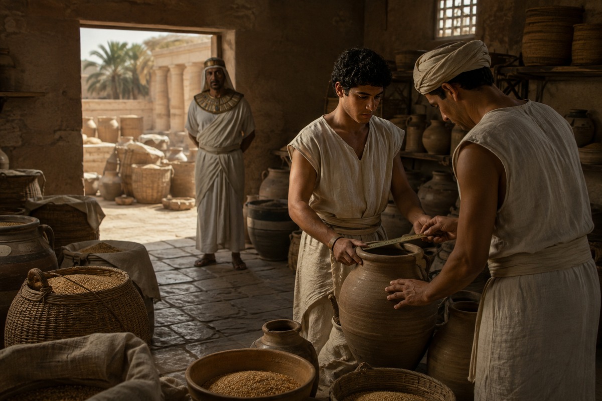 Joseph measures grain carefully as part of Egypt's saving plan.