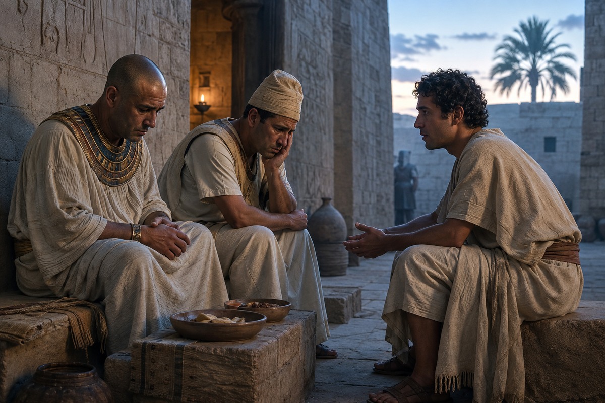 Joseph notices and listens to two troubled prisoners in the dawn courtyard.