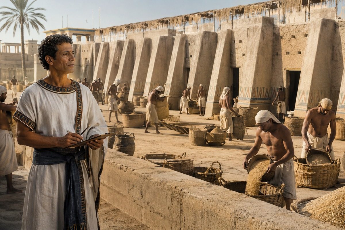 Joseph oversees grain stores prepared during Egypt's years of plenty.