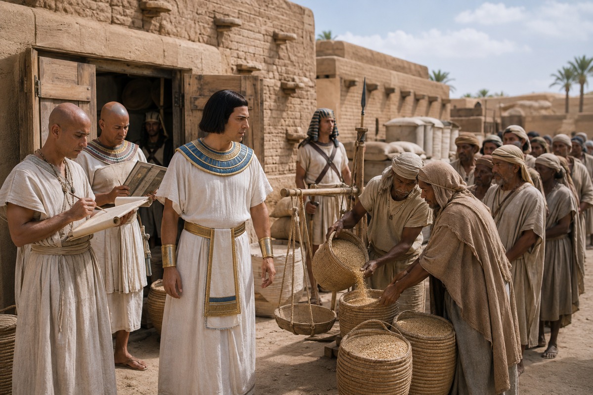 Joseph oversees orderly grain distribution as famine reaches Egypt.
