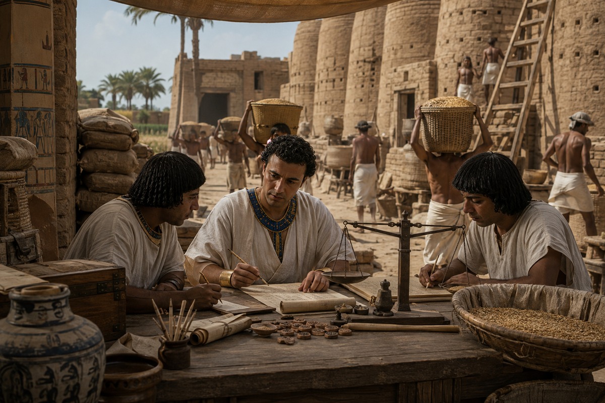 Joseph oversees storehouses whose grain will serve people during famine.