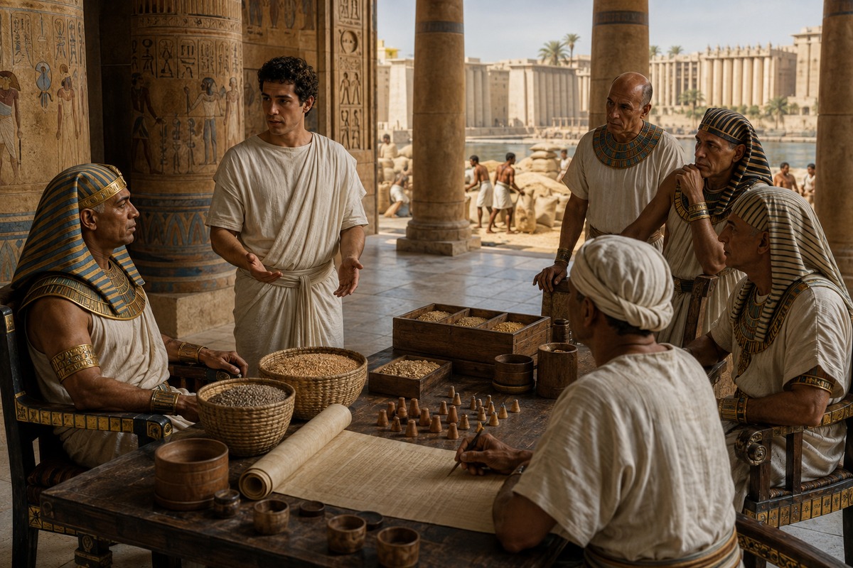 Joseph presents a practical grain plan to Pharaoh and his officials.