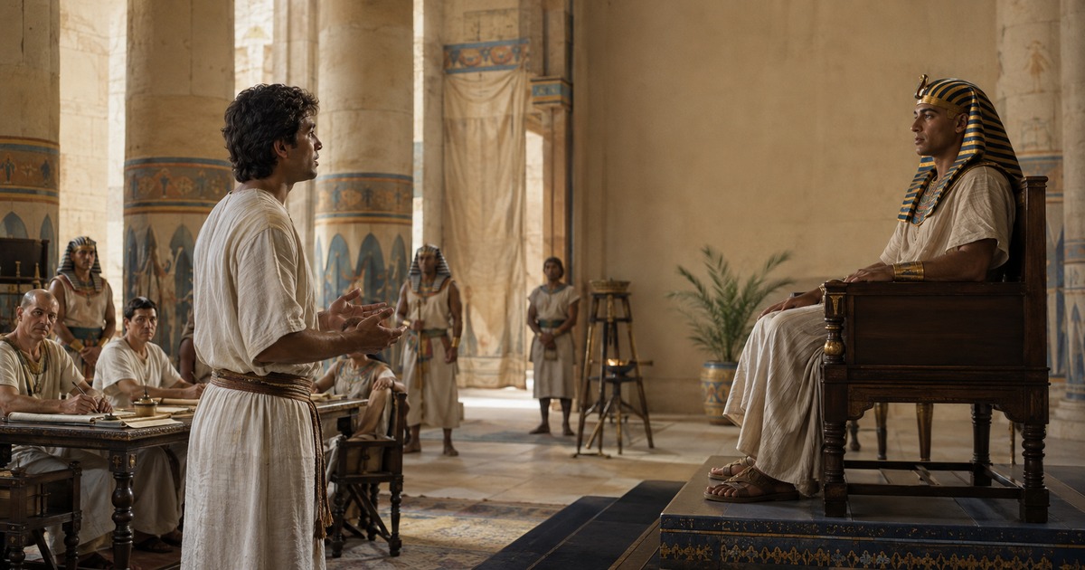 joseph stands before pharaoh ready to explain the dreams and offer wise action