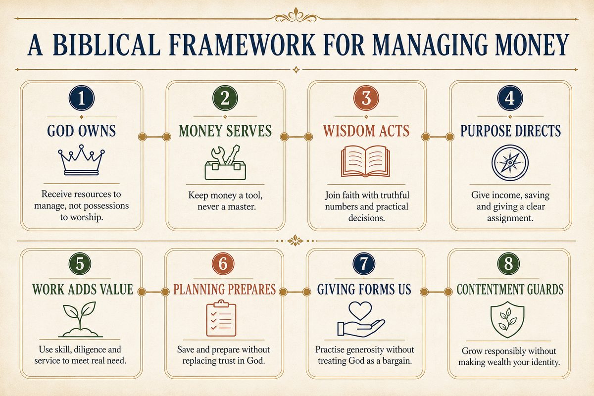 Landscape blog infographic presenting eight biblical money principles: God owns, money serves, wisdom acts, purpose directs, work adds value, planning prepares, giving forms us and contentment guards.