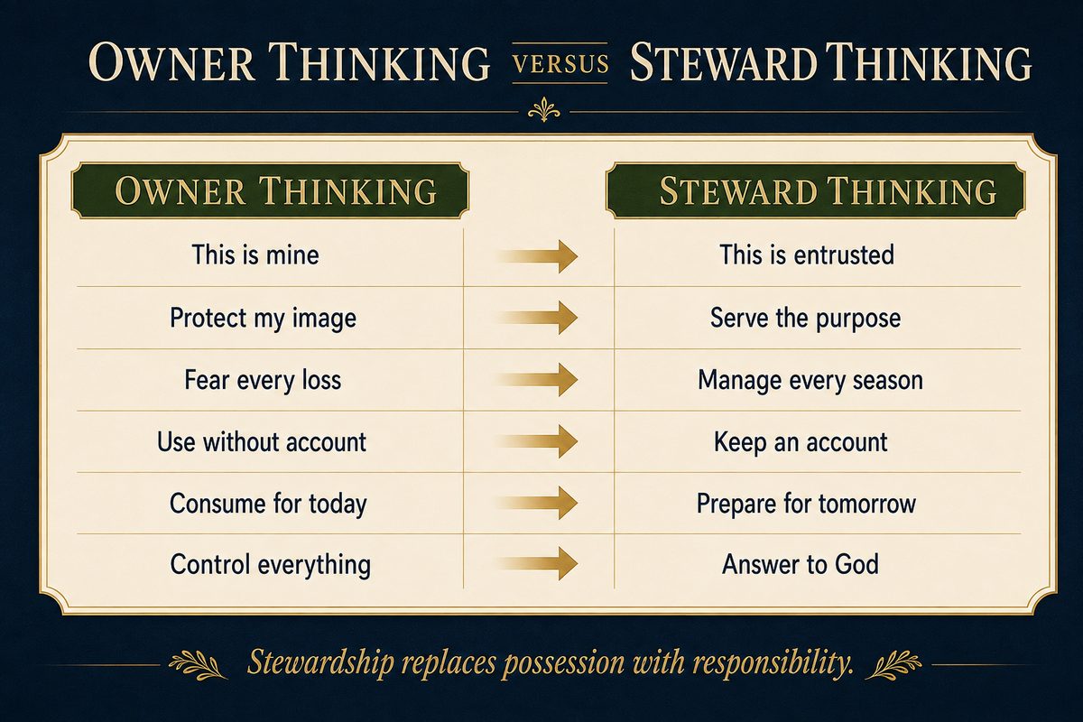 Landscape comparison of owner thinking and steward thinking across identity, purpose, loss, use, accountability and the future.