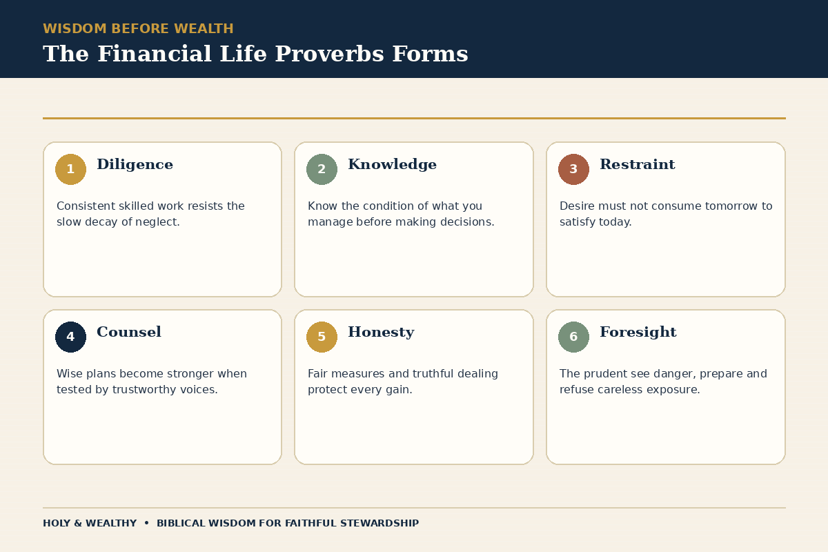 Landscape infographic showing how Proverbs forms diligence, knowledge, restraint, counsel, honesty and foresight.