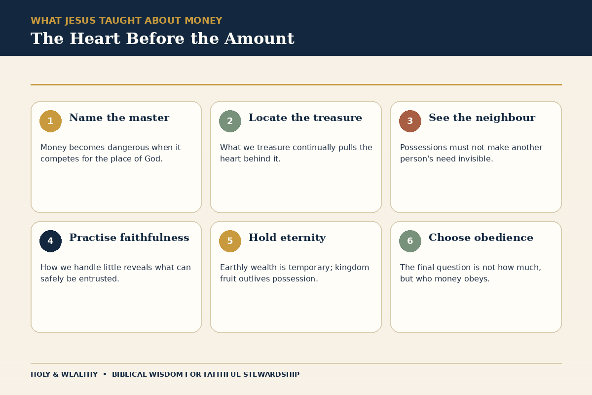 Landscape infographic tracing Jesus’ teaching through master, treasure, neighbour, faithfulness, eternity and obedience.