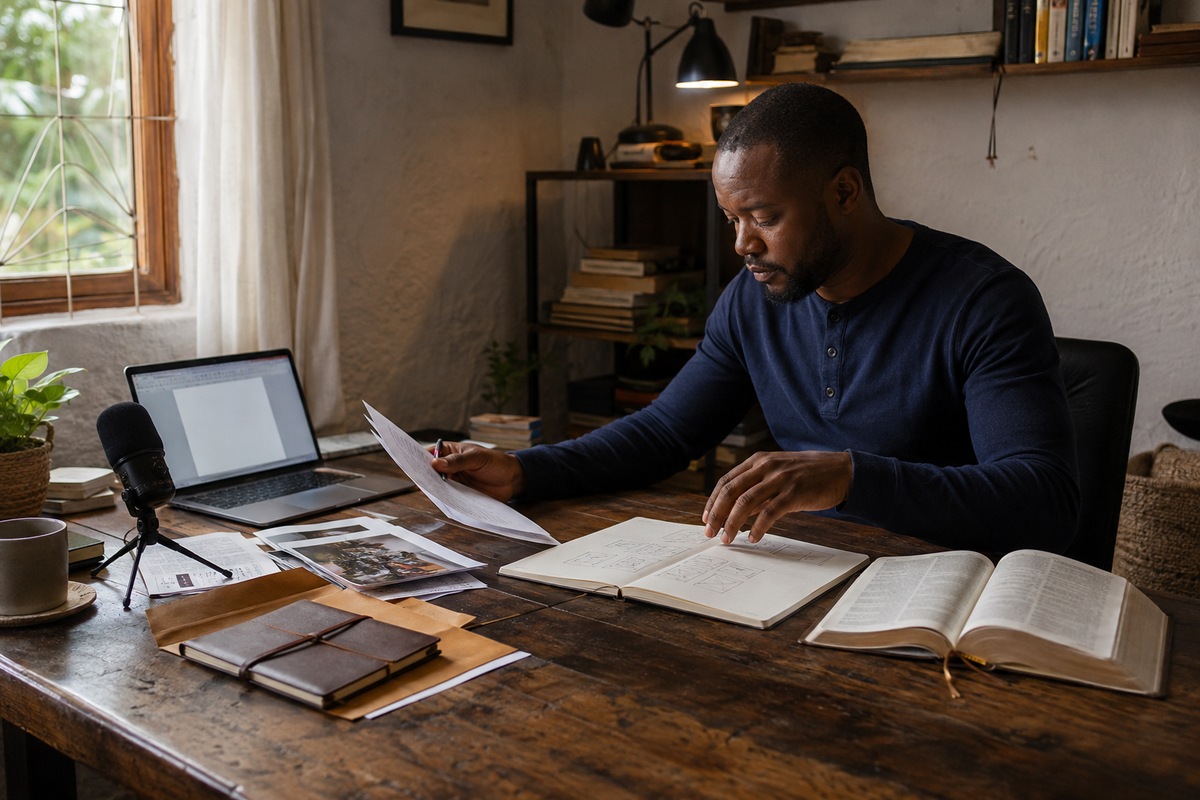 man reviewing notes beside an open Bible, microphone and laptop in a home office