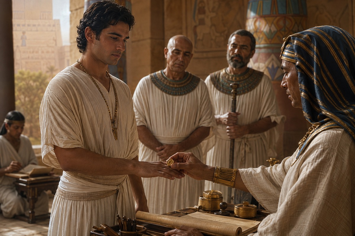 Pharaoh places his signet ring on Joseph as responsibility is entrusted to him.