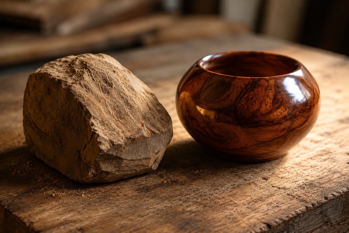 Rough block of wood beside a polished handcrafted bowl on a workbench
