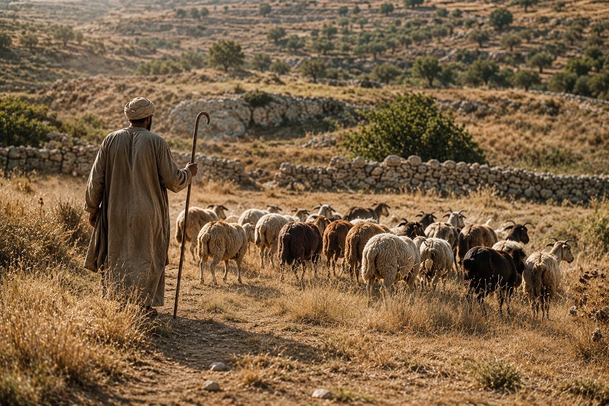 Shepherd guiding a flock through dry farmland bordered by stone walls