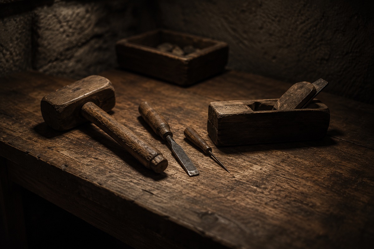 Simple woodworking tools resting on a worn bench in a dim workshop