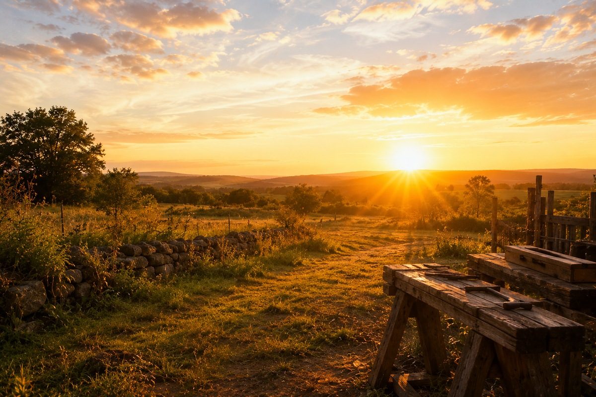 Sunrise over an open field, stone wall and wooden workbench