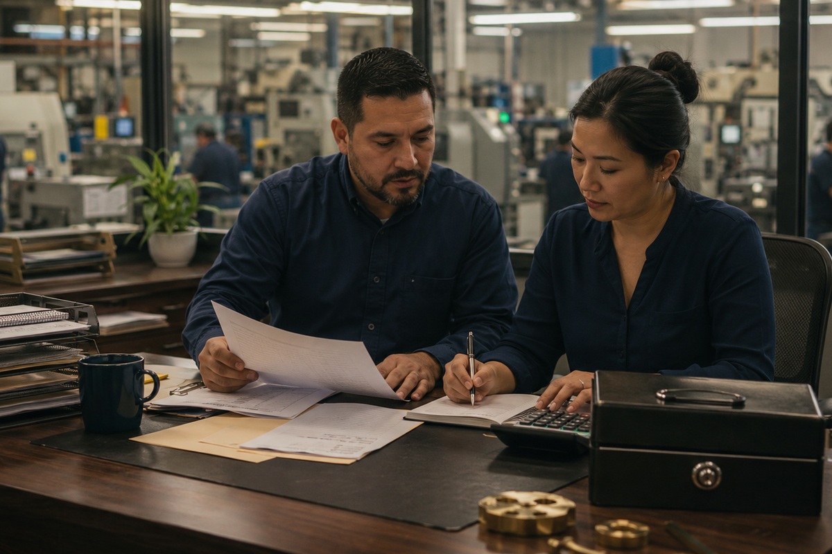 Two fictional manufacturing managers reviewing operating records and production capacity.