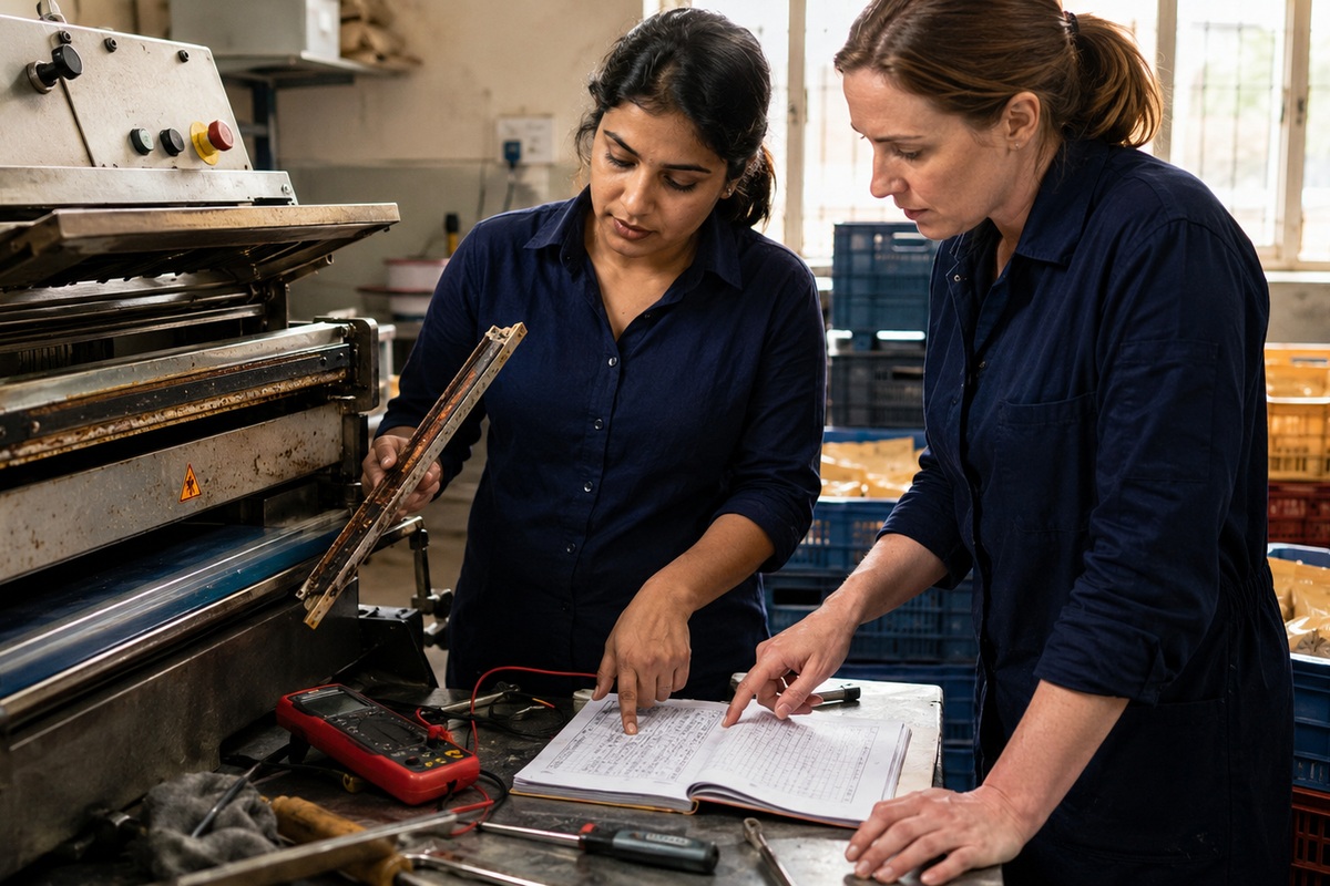 Two fictional women solving a technical work problem together beside records and equipment.