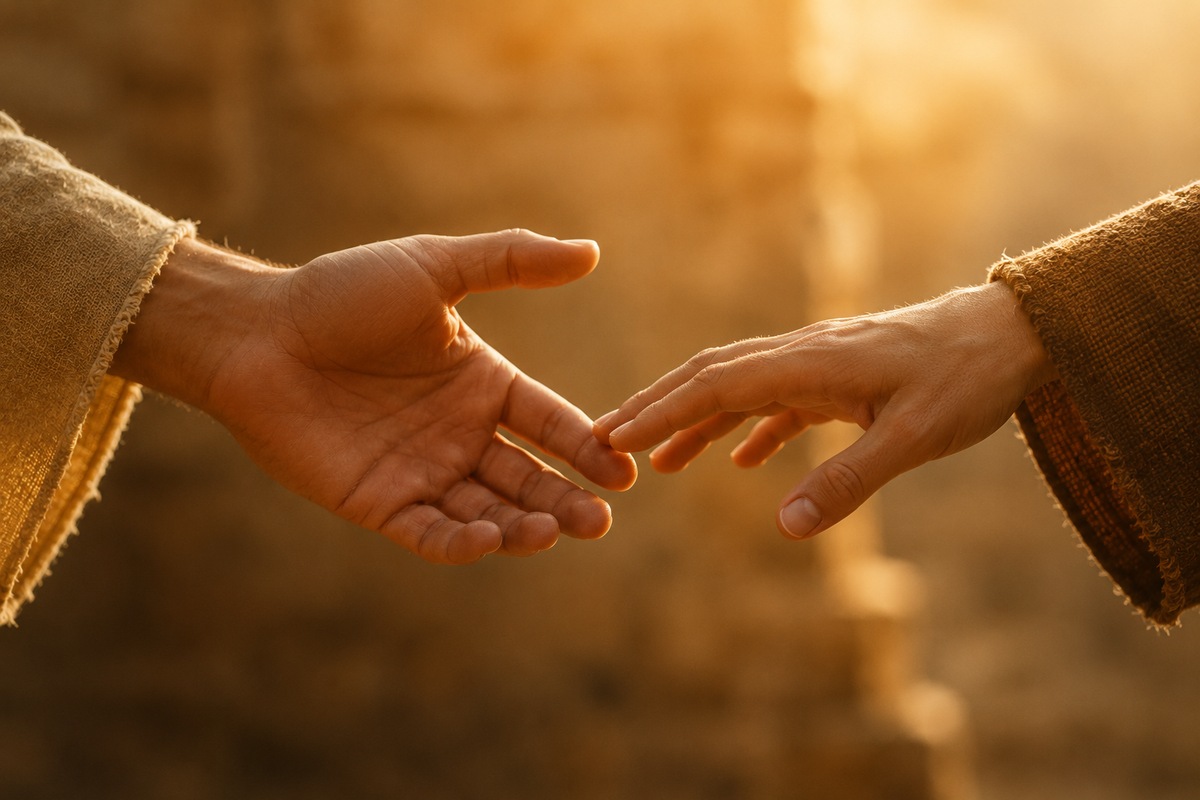 Two hands reaching towards one another in warm light