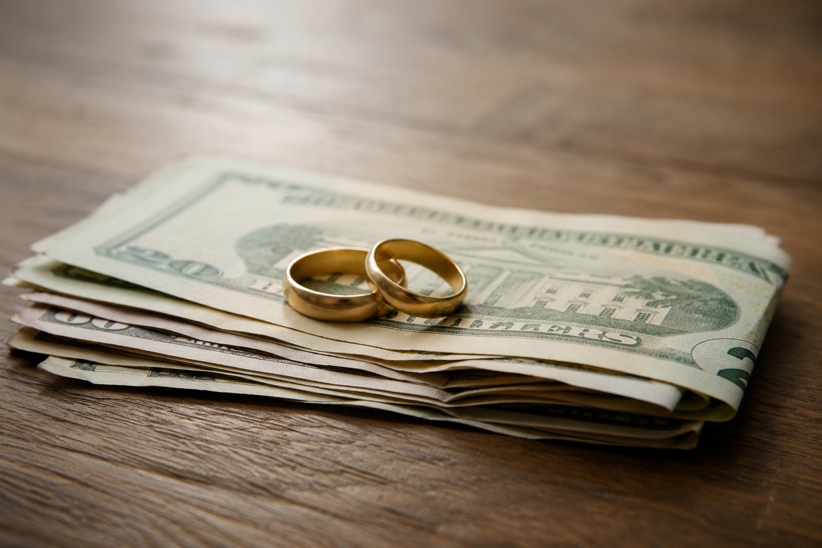 Two wedding rings resting on a stack of banknotes