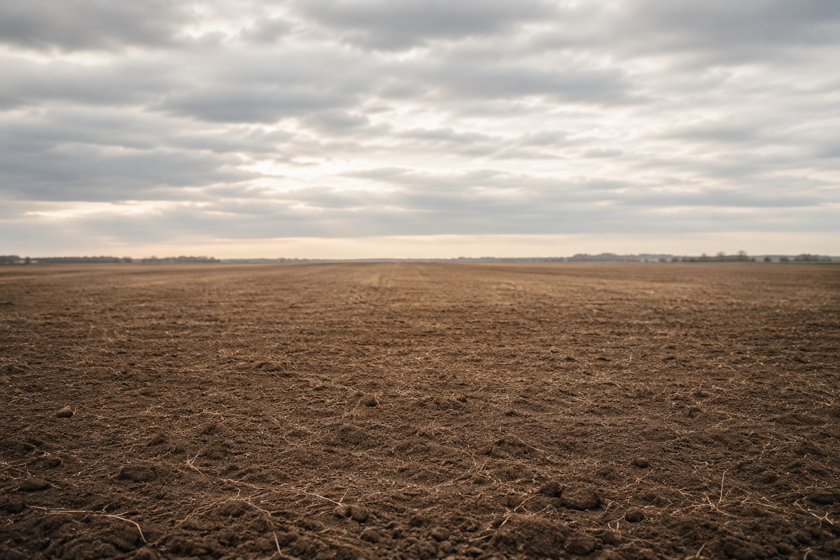 Wide unplanted field beneath a cloudy sky